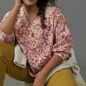 PILCRO Anthropologie V-Neck Floral MOIRA Waffle Thermal Top Size XS Oversized